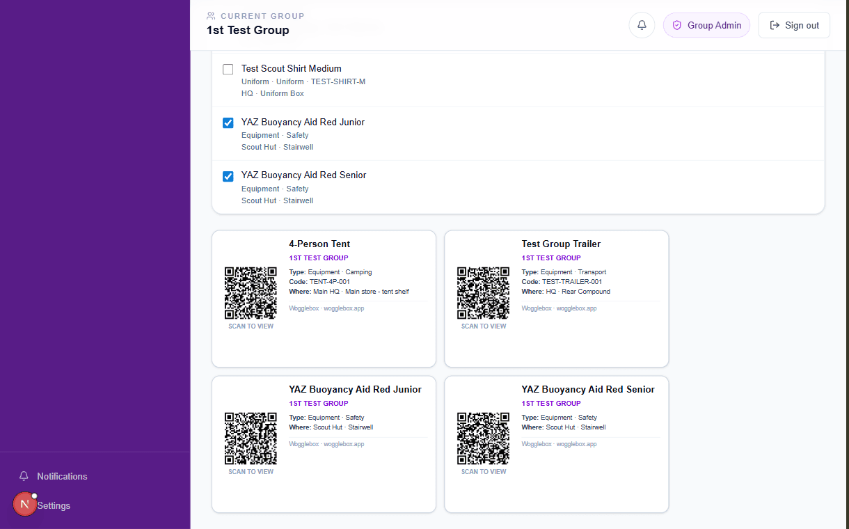Wogglebox QR label preview showing printable inventory labels