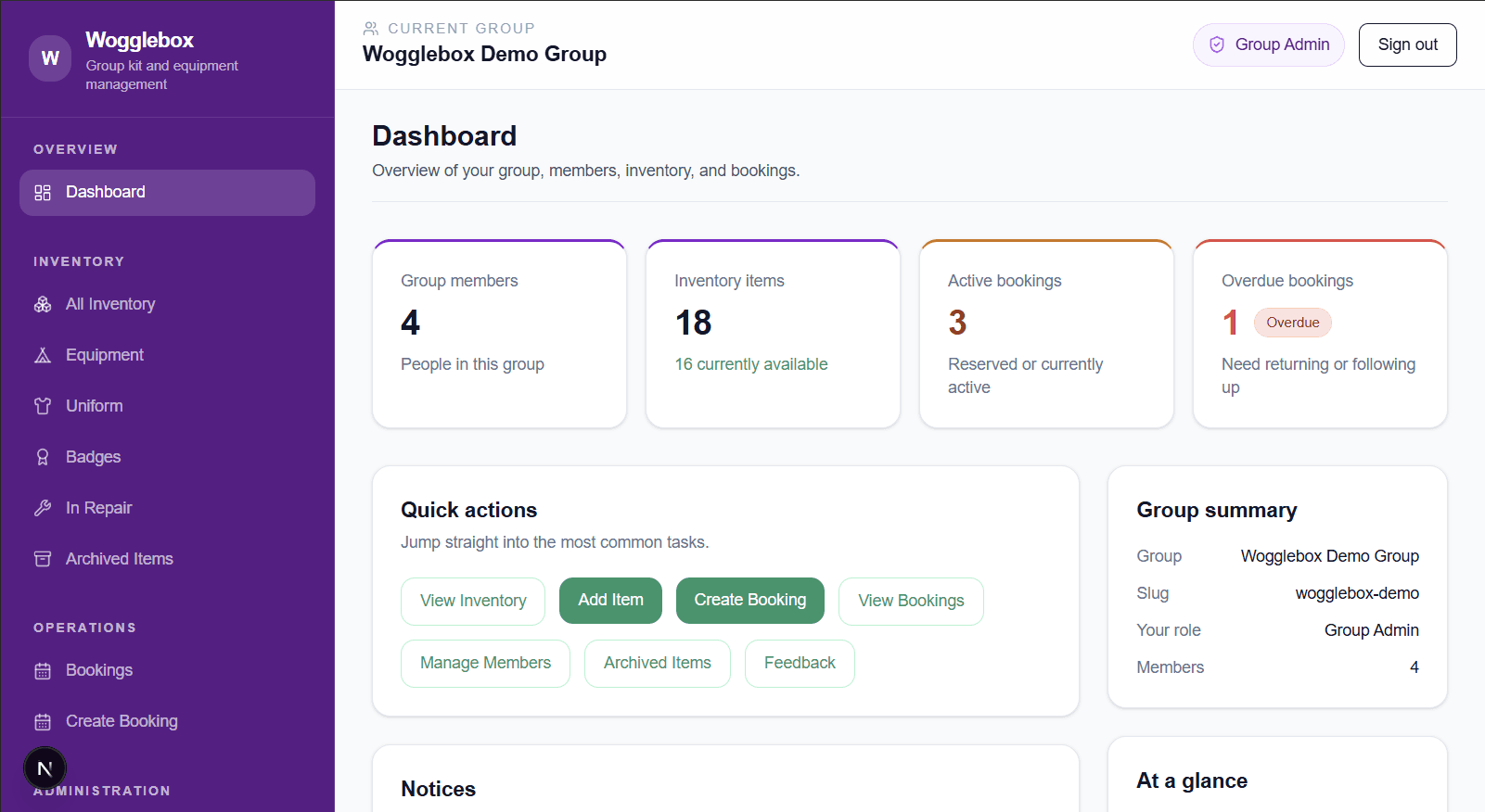 Dashboard overview with headline stats and quick actions