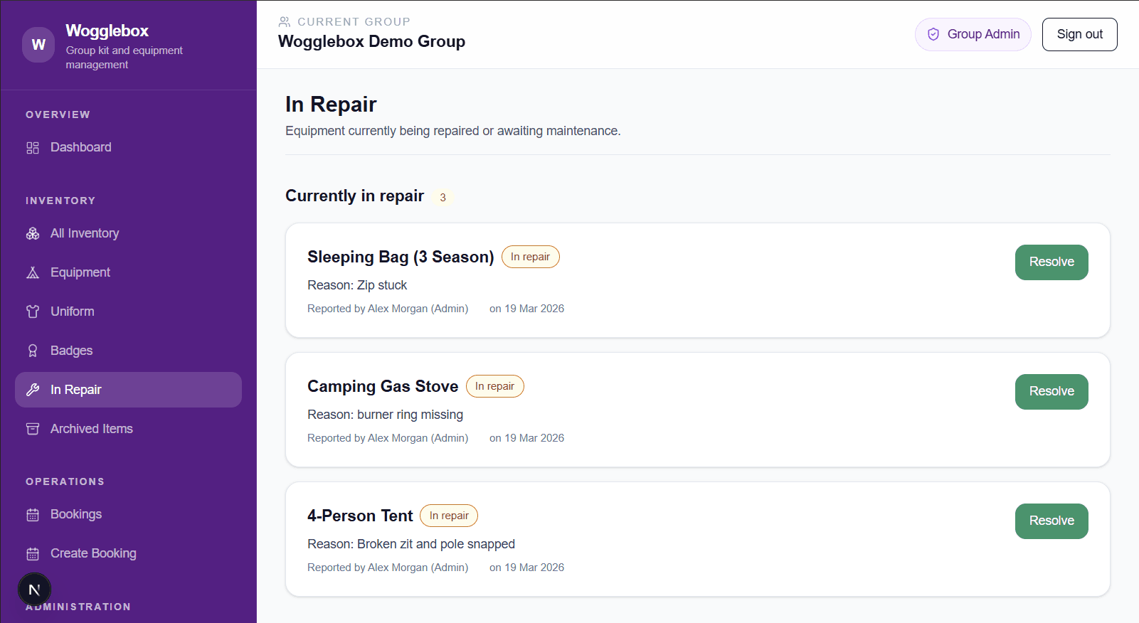 In Repair page showing active repairs and repair history