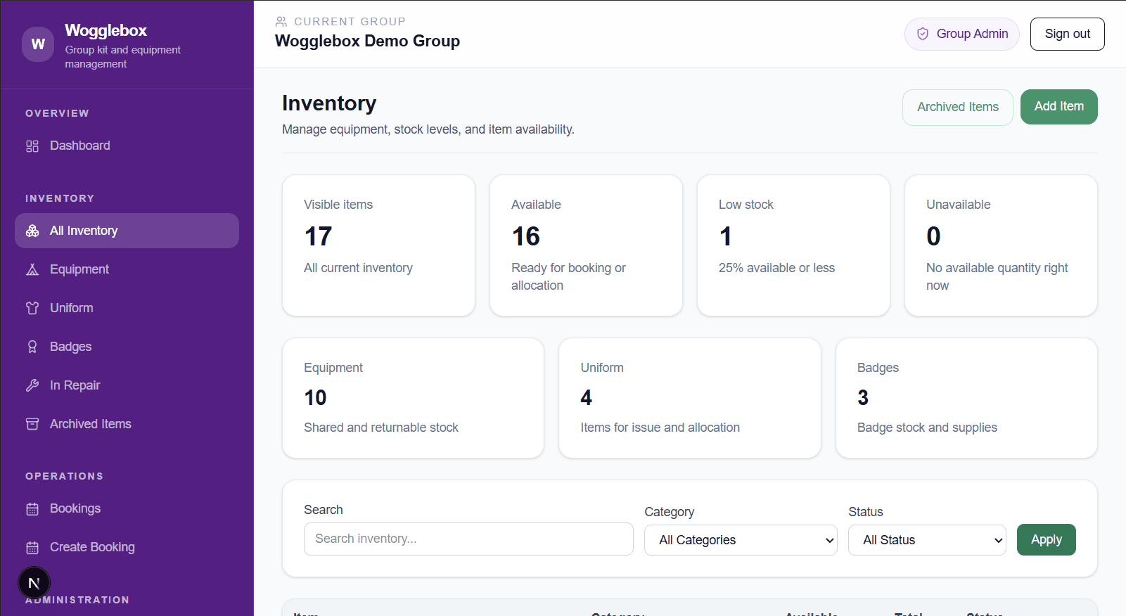 Wogglebox inventory overview page showing searchable equipment records with categories and status badges