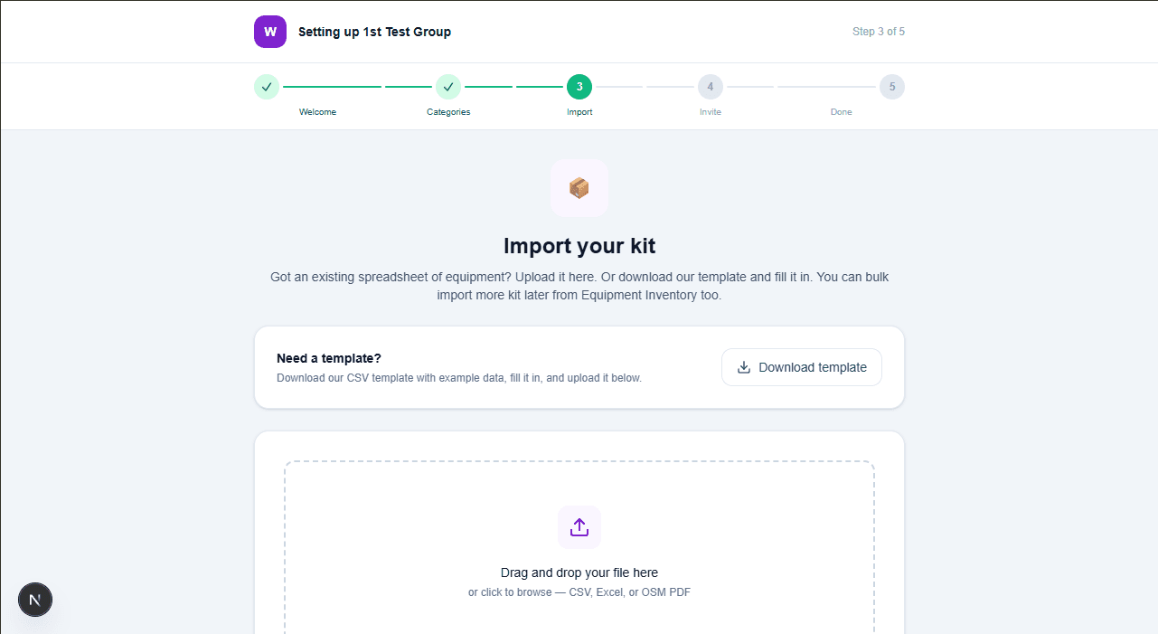 Onboarding import step with drag-and-drop upload and preview table. This would be the most valuable extra image to add here.